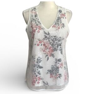 WHBM White House Black Market Pink Gray Flowers Sequin Layover Tank Top Size S